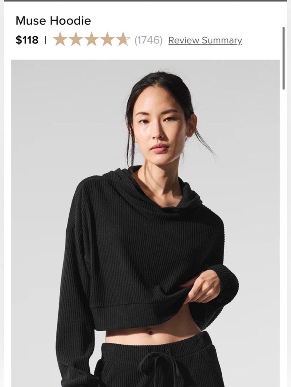 ALO SET - Yoga Muse Cropped Ribbed Hoodie and Jogger - Black